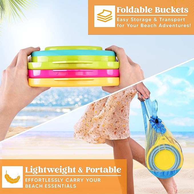 JOYIN 3 Packs Foldable Pail Bucket with Shovels & Mesh Bag, Collapsible Buckets Multi Purpose for Beach, Camping Gear, Beach Party, Fishing, and Fun Summer Activities (Yellow/Blue/Green)