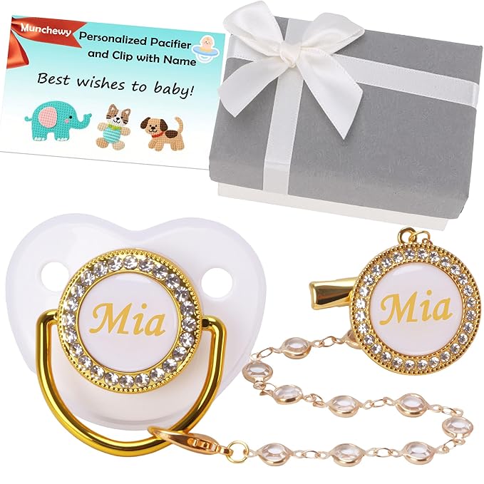 Custom Baby Pacifier with Name, Personalized Pacifier Clip Set with Gift Box, Luxury Crystal Bling Soother Dummy Ideal Gift for Boys Baby Shower Birthday Christmas Newborn Photography(White)