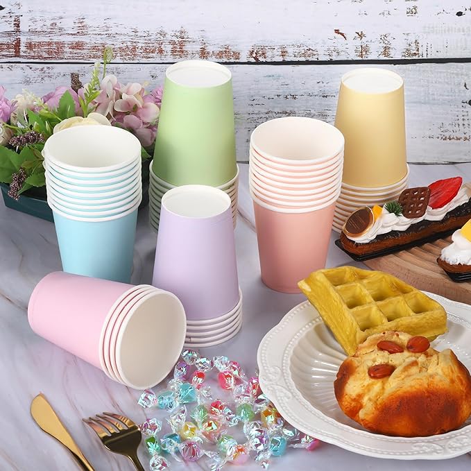 URATOT 60 Pieces 9 Ounce Disposable Paper Cups Pastel Rainbow Party Cups Drinking Cups for Party, DIY and Holiday, 6 Colors