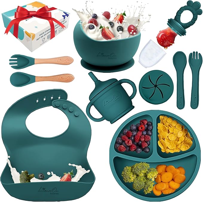 Silicone Baby Feeding Set – 10 Pcs Baby Led Weaning Supplies & Self Feeding Kit | Toddler Plates and Bowls Set, Bib, Fruit Feeder, Cup, Spoons & Forks – Empower Independence with LimeOr -Green Spruce