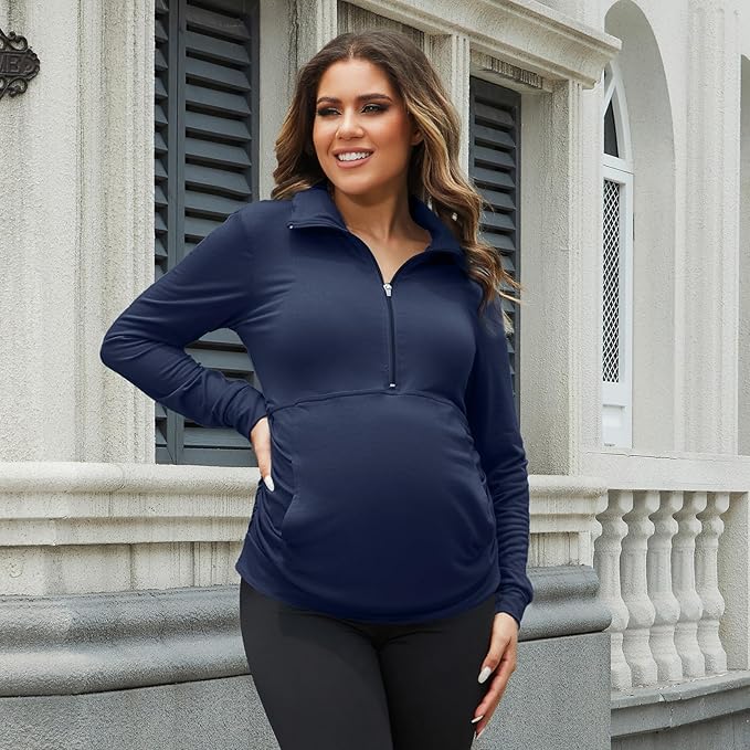 GINKANA Maternity Women's Long Sleeve Shirt Half Zipper Lapel Lightweight Casual Maternity Pullover with Pockets