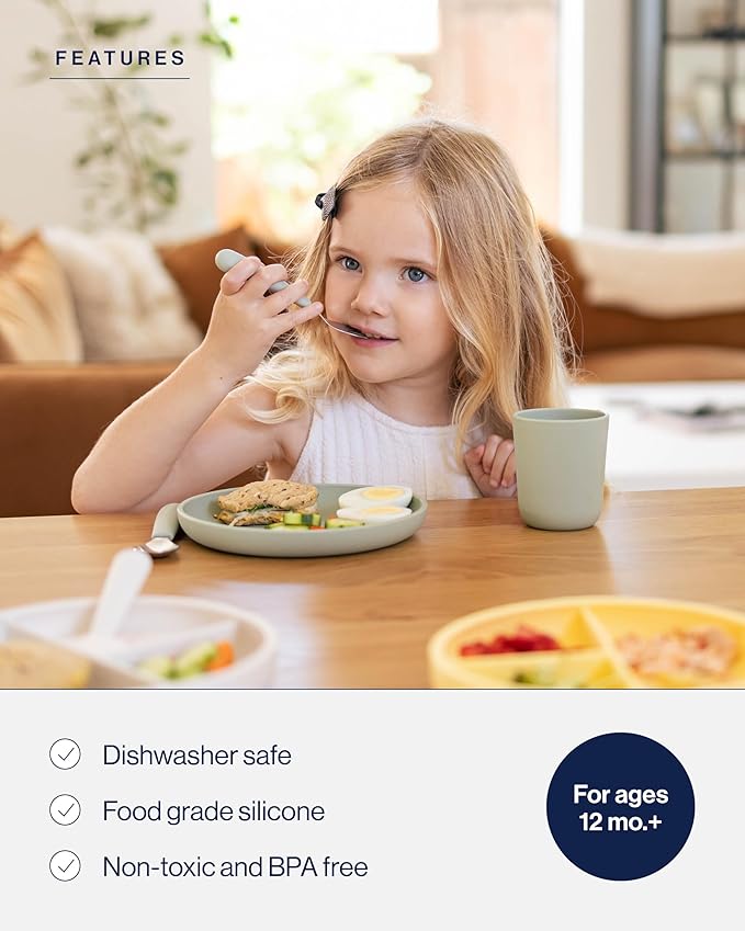 Lalo Big Bites Kids Dinnerware Full Set - Dishwasher Safe, BPA Free, Kids Tableware Set - Includes Stackable Bowl, Plate, Utensils & Cup - 7 Pieces - Olive