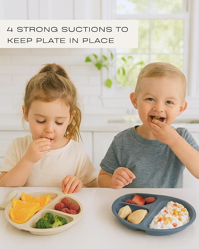 Hippypotamus Toddler Plates with Suction - 100% Food-Grade Silicone Baby Plates with Lids - Microwave & Dishwasher Safe - BPA Free - Set of 3 (Sage/Blush/Nude with LIDS)