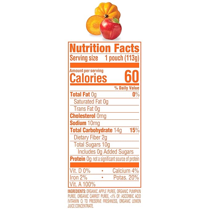 Happy Baby Organics Stage 2 Baby Food Pouches, Gluten Free, Vegan & Healthy Snack, Clearly Crafted Fruit & Veggie Puree, Apples, Pumpkin & Carrots, 4 Ounces (Pack of 16)