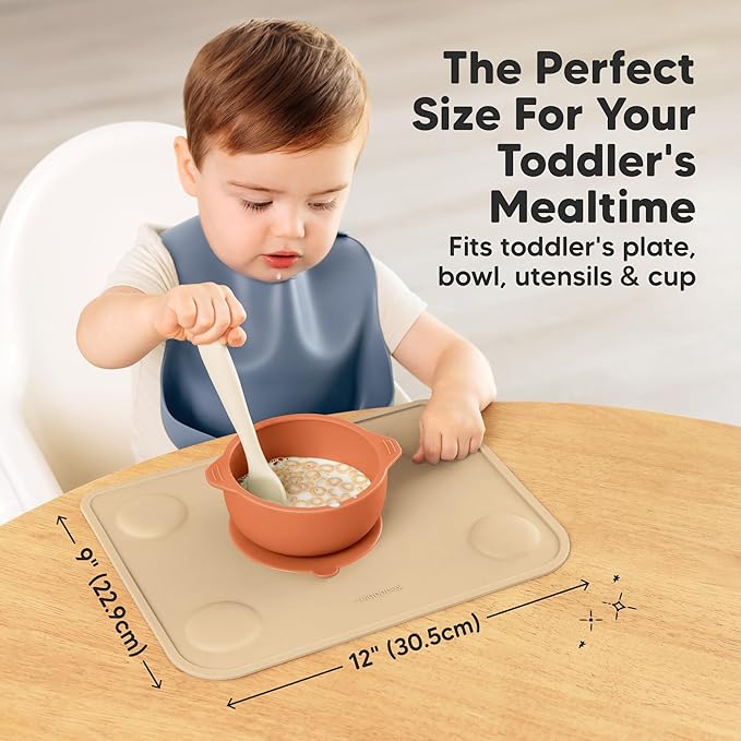 KeaBabies 2-Pack Silicone Placemats for Toddlers - 12x9 Non Slip Suction Baby Silicone Placemat for Kids Eating, Easy to Clean, Busy Travel Baby Mat for Dining Table, Food Grade/BPA-Free (Terracotta)