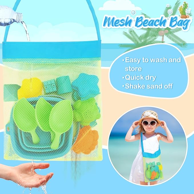 Collapsible Beach Toys for Kids, 3 Pack Foldable Sand Buckets and Shovels Set with Mesh Bag, Silicone Pails for Beach Travel Essentials, Easter Egg Hunt, Sand Toys Molds for Kids and Toddlers