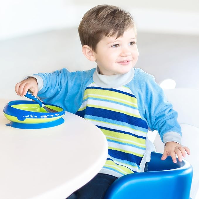 Kiddologic Bibit-all Baby Feeding Bib, Long Sleeves with Ribbed Cuffs and High Collar, Stretchy Pullover Smock, Soft Absorbent Terry, Waterproof Lining, Toddler Boy 12-36 Months, Sky Blue Stripe