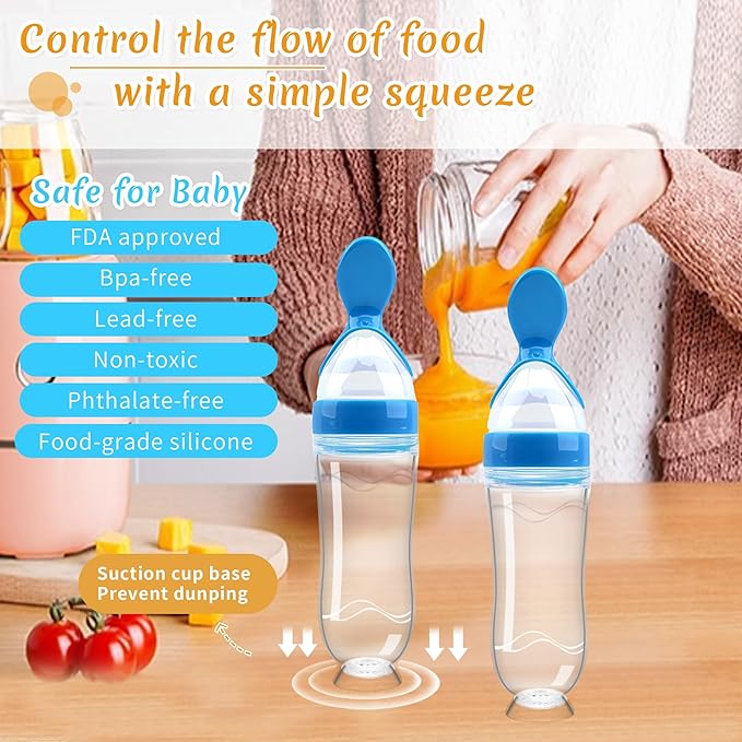 WAJIAYON Baby Food Feeder 4 Pack Silicone Baby Food Dispensing Spoon-3 oz Squeeze Feeding Spoons with Suction Cup for Boys Girl Kids Toddlers - Self Feeding Bottle Spoon-Blue