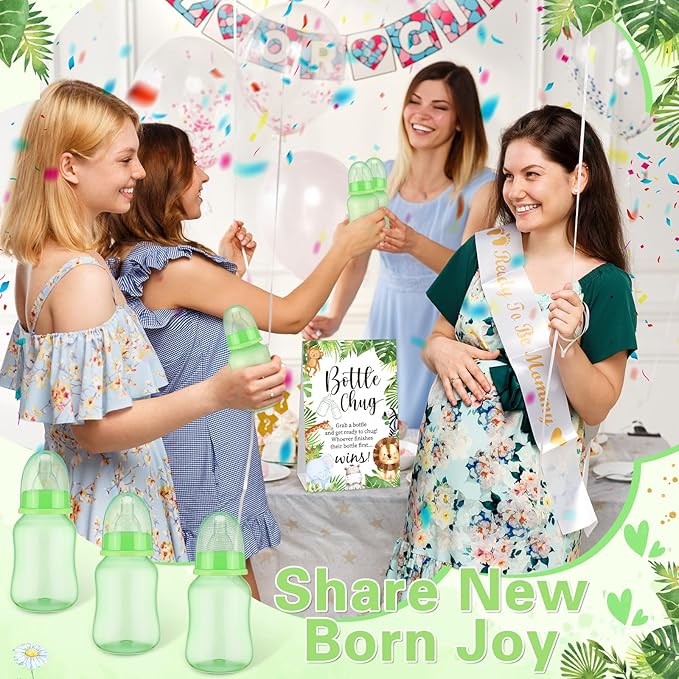 TrelaCo Bottle Chug Baby Shower Game 20 Pcs Baby Bottles Shower Favor with 1 Forest Animal Theme Sign for Gender Reveal Party Supplies Gifts(Green)