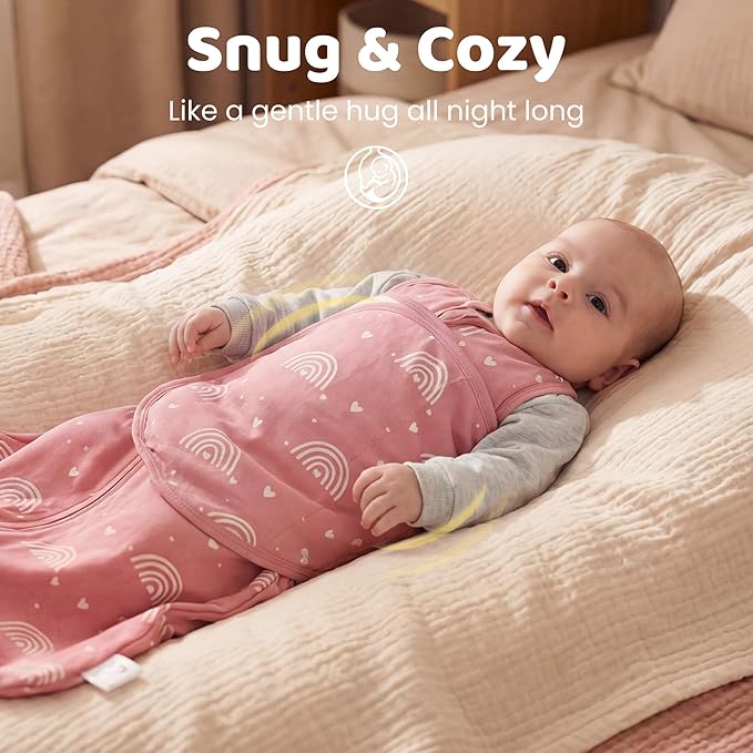 Baby Swaddle Sleep Sack 3-6 Months, Cotton Swaddles for Newborns Girls, 2-Way Zipper Transitional Infant Wearable Swaddling Blanket with Quiet Closure, 0.5 TOG 2 Pack Soft Pink Rainbow