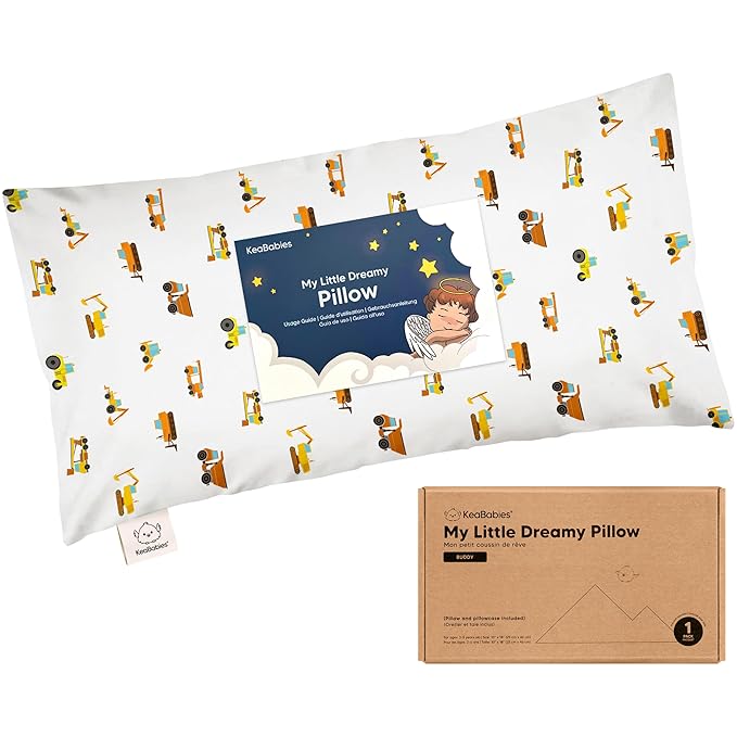 Toddler Pillow with Pillowcase - 10x18 My Little Dreamy Kids Travel Bed Pillows for Sleeping, Organic Cotton Small Pillowcase, Soft & Breathable, Machine Washable,Toddlers 2-5 Years Old(Construction)