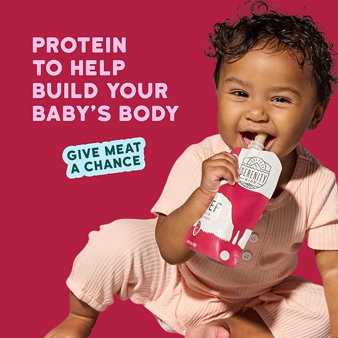 Serenity Kids 6+ Months Baby Food Pouches - Grass Fed Beef Puree with Organic Kale & Sweet Potato - BPA-Free Baby Snacks - 3.5 Oz, 6 Pack