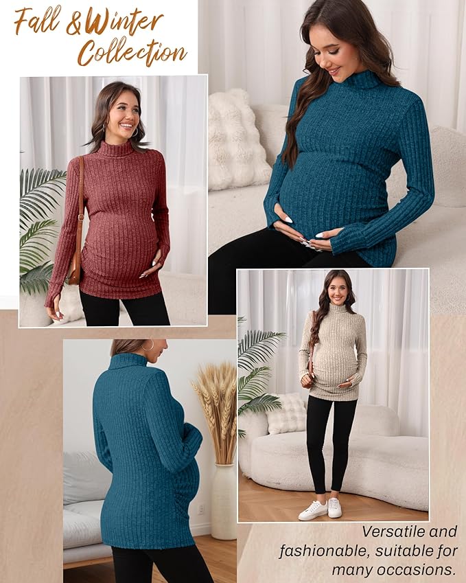 3 Pack Maternity T-Shirts Pregnancy Tops Women Sweater Long Sleeve Turtleneck Ribbed Finger Sleeve Outfits