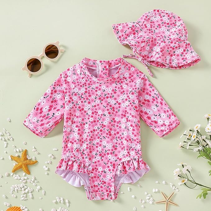 WOLBAY Baby Girl Swimsuit Long Sleeve One Piece Rash Guard with Sun Hat Zipper Bathing Suit Size 0-2T