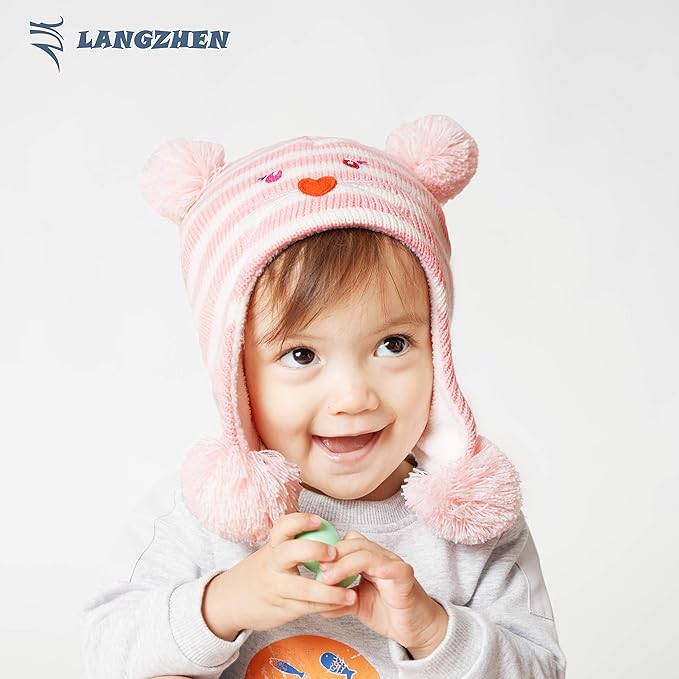 LANGZHEN Toddler Kids Infant Winter Hat,Earflap Knit Warm Cap Fleece Lined Beanie for Baby Boys Girls