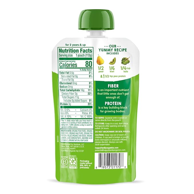 Happy Tot Organics Stage 4 Baby Food Pouches, Gluten Free, Vegan Snack, Fiber & Protein Fruit & Veggie Puree, Pears, Kiwi & Kale, 4 Ounce (Pack of 16)