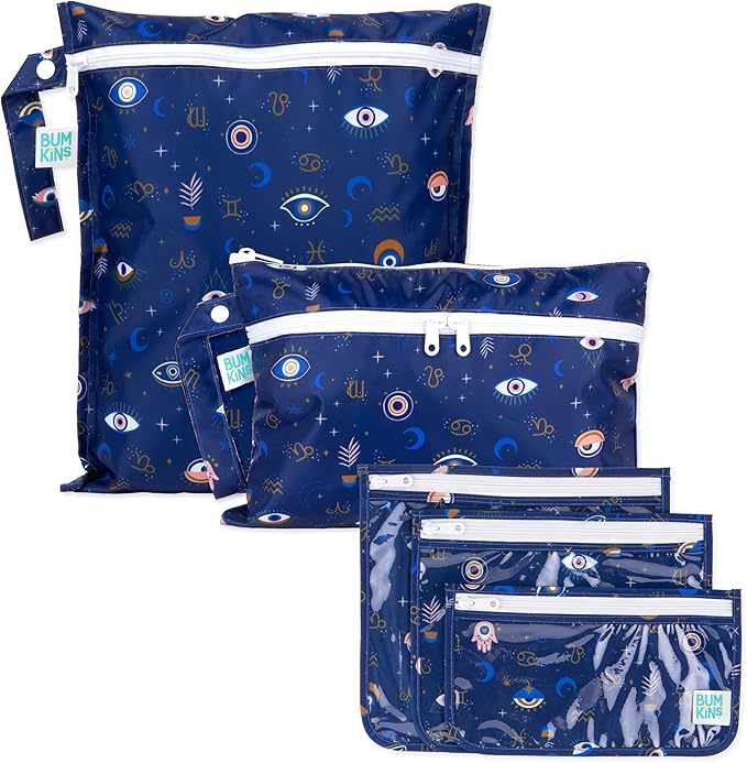 Bumkins - Waterproof Wet Bag, Wet/Dry Clutch & Clear Travel Bags - For Beach, Baby, Travel, Cloth Diapers, Pump Parts, Pool, Gym, Toiletries - Reusable & Easy to Clean - Evil Eye - 5 Pack