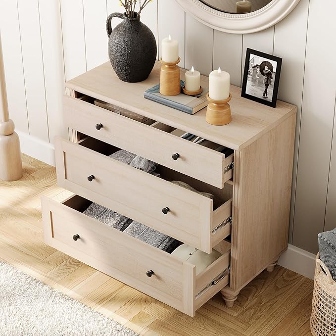 WAMPAT Baby Dresser with 3 Drawers, Kids Dressers with Wide Chest of Drawers, Mid Century Modern Wooden Closet Storage Organizer, Small Dressers for Bedroom, Nursery, Hallway, Beige, 34 inch