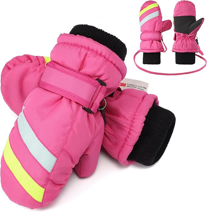 F Flammi Toddler Kids Snow Mittens with String Waterproof Ski Mittens Thinsulate Winter Gloves for Baby Girls Boys