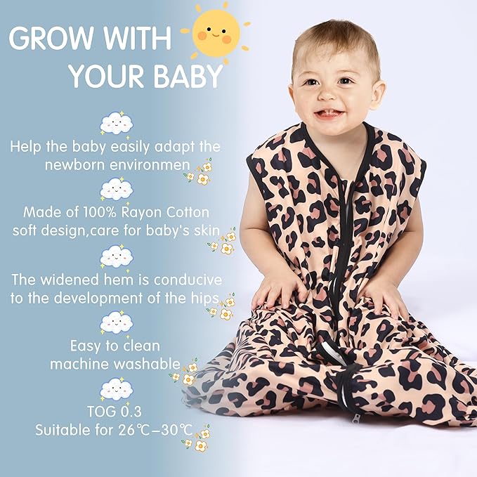 3 Pack Baby Sleep Sack 100% Rayon Cotton Baby Sleeping Bag 2-Way Zipper Toddler Wearable Blankets TOG 0.3. (Leopard&Cobble&Green, 6-12 Months)