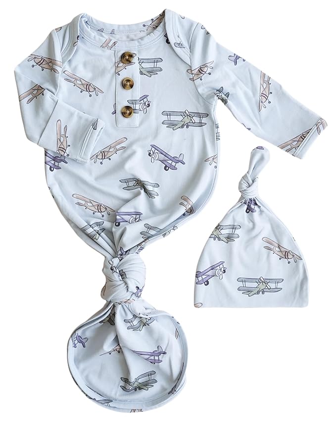 Caden Lane Newborn Knotted Gown with Hat, Soft Bamboo Viscose Baby Sleep Sack, Unisex Infant Nightgown, Breathable Sleepwear