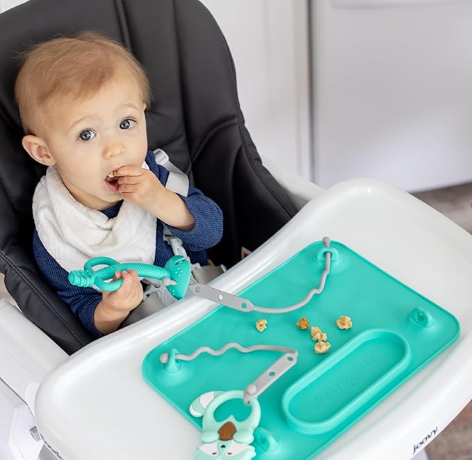 BUSY BABY Silicone Mat - New and Improved Suction Cups, 4 Straps to Secure Baby Essentials, Self Feeding, Baby Led Weaning, Travel Sleeve Included (Tan)