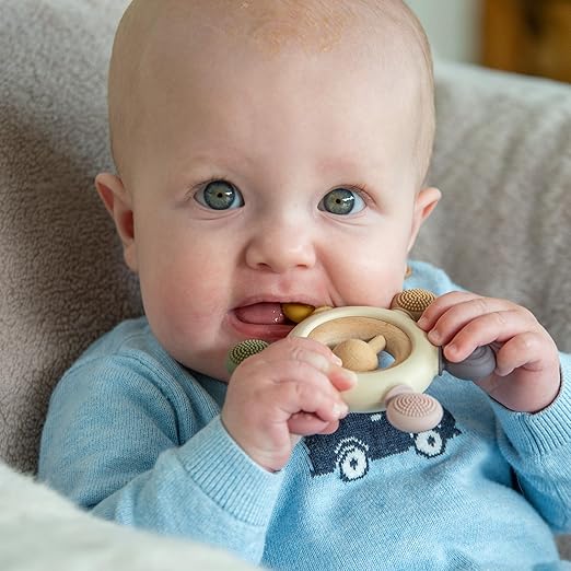 tickit Silisoft Rattle Teether | Sensory Baby Teether with Textured, Food-Grade Silicone and Natural Beechwood | Removable Wooden Rattle for Teething Relief and Development