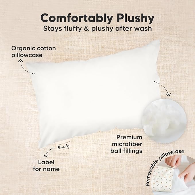 Mini Toddler Pillow with Pillowcase - 9x13 My Little Dreamy Travel Kids Pillow for Sleeping, Toddler Bed, Small, Tiny, Organic Cotton Pillowcase, Soft & Breathable, Kids 2-4 Years Old (French Gray)
