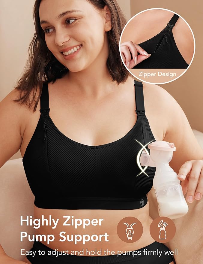 Pumping Bra Hands Free Zip Opening Design Seamless Nursing Bras for Breastfeeding High Support Nursing & Pumping Bra in One Black M