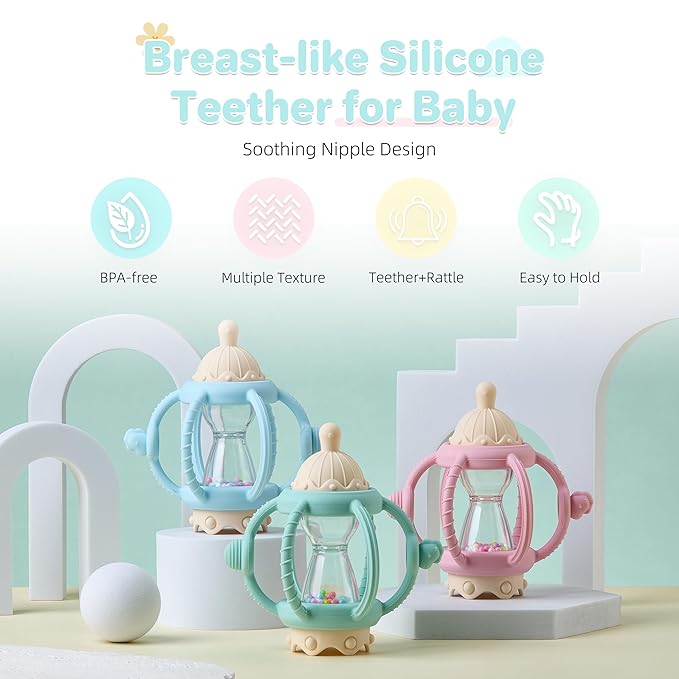 Baby Montessori Sensory Toys Baby Teething Toys Silicone Teethers for 3-6 6-12 Months Gifts for Newborn Infant Boys Girls (Mint)