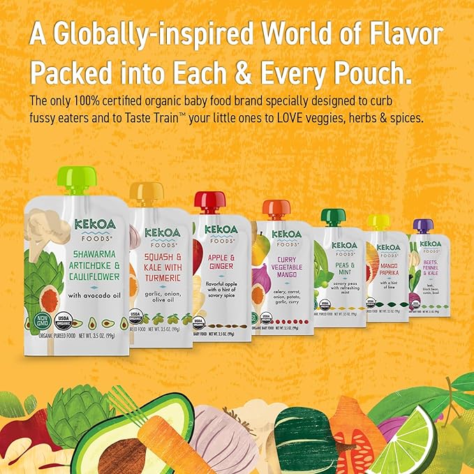Kekoa Foods Shawarma, Artichoke & Cauliflower Baby Food Purée | 100% USDA Certified-Organic Vegetarian | Organic, Non-GMO, Gluten-Free, Vegan | Flavorful & Nutritious First Food for Babies | 3.5 oz