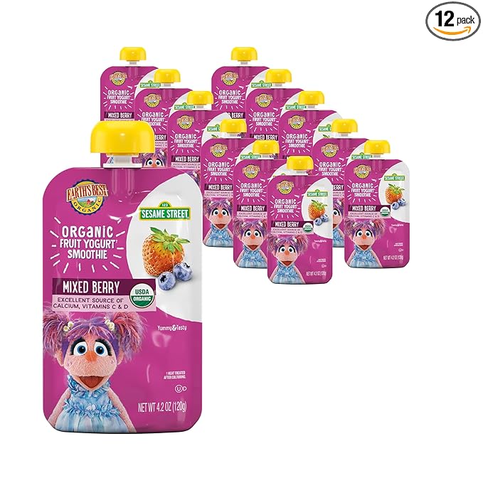 Earth's Best Organic Yogurt Smoothie Pouches, 24+ Months, Fruit and Yogurt Smoothie for Kids, Mixed Berry, 4.2 Ounce Resealable Pouch (Pack of 12)