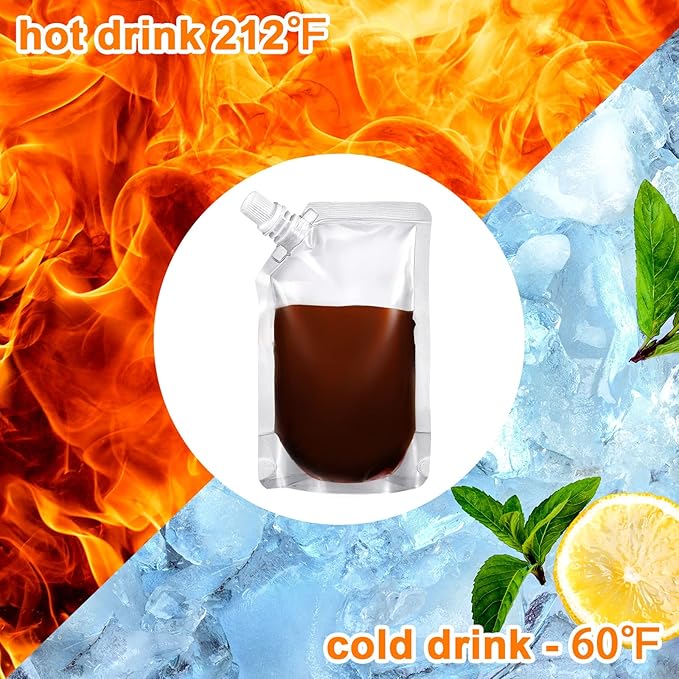 Meanplan 100 Pcs Plastic Pouches Bulk Reusable Squeeze Pouches Clear Plastic Juice Leak Proof Bags with Funnel for Party Favors Supplies(32 oz,Inclined Mouth)