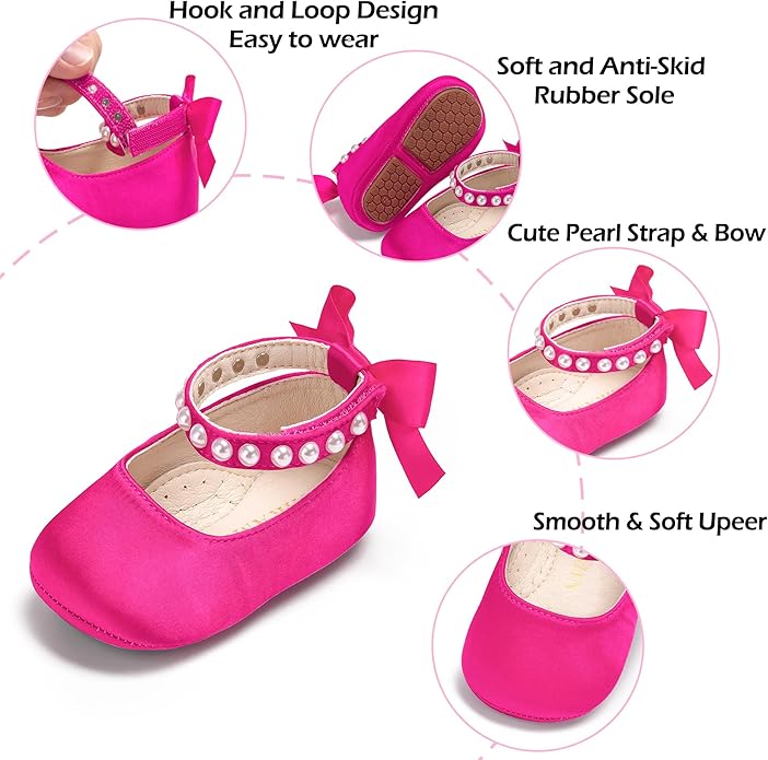 Baby Girls Mary Jane Flats - Infant Newborn Walking Shoes Soft Rubber Sole Princess Wedding