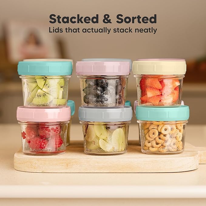 KeaBabies 12pk 4oz Glass Baby Food Containers with Lids - Leak-Proof, Microwavable Small Glass Jars, Baby Purees & Toddler Snack Storage Containers, BPA-Free, Dishwasher & Freezer Safe (Pastels)
