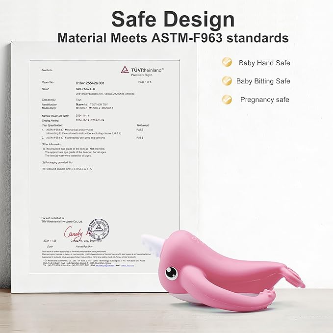 Smily Mia Narwhal Silicone Baby Teething Toys for 3-6 6-12 Months, Teething Relief Toys, Food Grade Silicone Teether Baby Toys, Sensory Toys for Teething Babies, Baby Essential, BPA Free, Pink