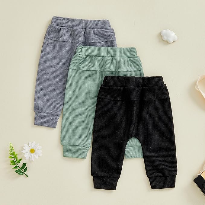 Sejardin Toddler Baby Boy Girl Pants 3 Pack Solid Color Elastic Waist Jogger Sweatpants Newborn Infant Casual Bottoms