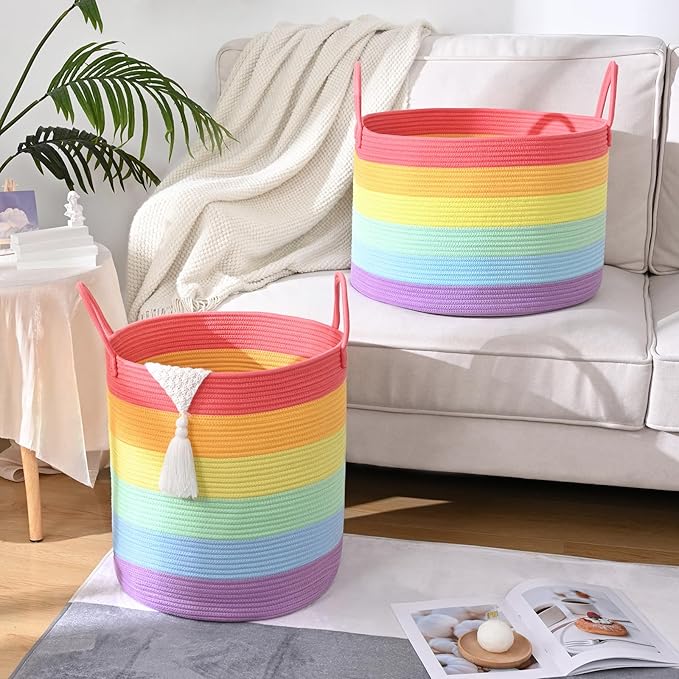67L Rainbow Storage Basket for Organizing, 20"×13" Large Laundry Baskets, Cotton Rope Woven Blanket Basket, Toy Storage for Kids, Collapsible Blankets Storage for Living Room, Nursery Room