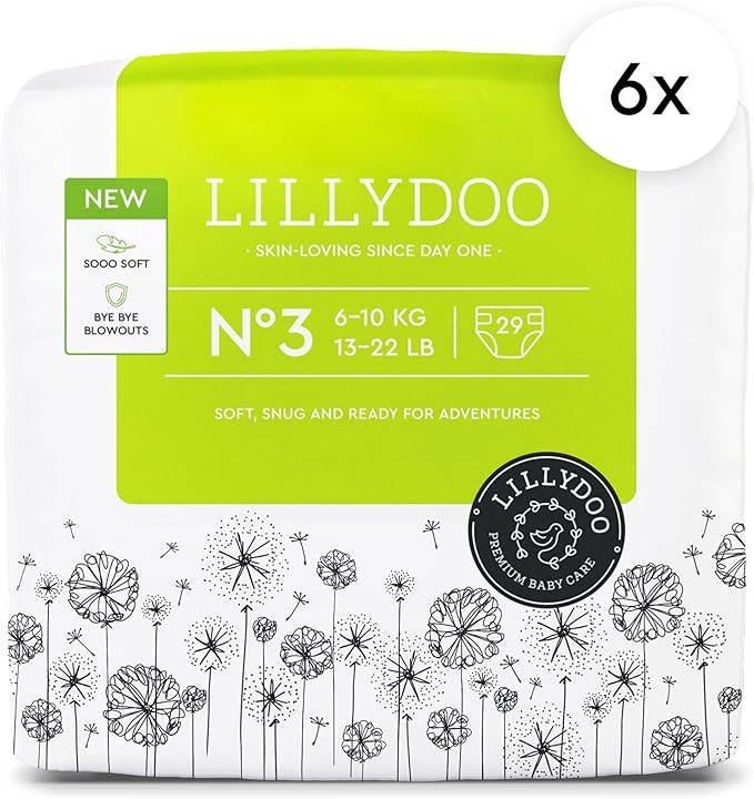 LILLYDOO Baby Diapers - Size 3 (13-22 lbs), Monthly Supply (174 Count), Leak Protection, Skin-Friendly, Ultrasoft, Perfume- & Chlorine-Free, Hypoallergenic, Dermatologist Tested, Oeko-TEX®