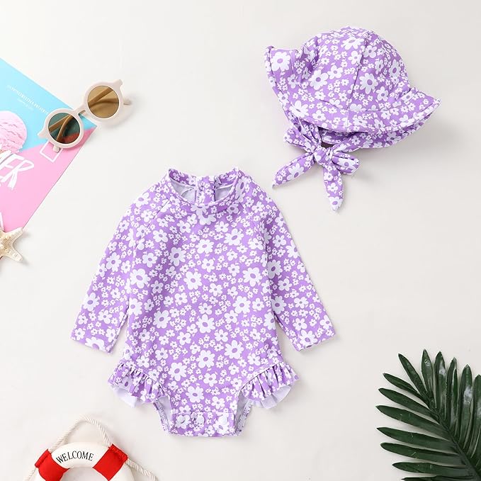 Infant Baby Girl Swimsuit One-Piece Long Sleeve Rash Guard with Hat Set Floral Zipper Bathing Suit Leopard Beach Wear