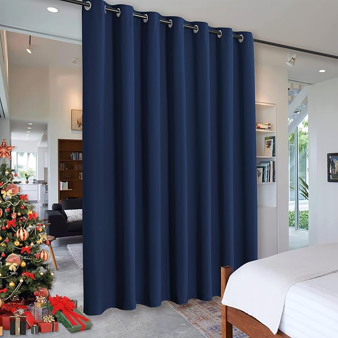 RYB HOME Privacy Curtain for Sliding Glass Door, Light Block Noise Reduce Insulated Curtain Screen Ceiling to Floor for Locker Room Basement Bedroom Closet, 100 inch Wide x 90 inch Long, Navy