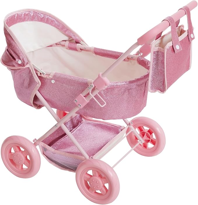 Olivia's Little World Baby Doll Bassinet Pram with Cover with Retractable Canopy & Storage, Hot Pink Glitter