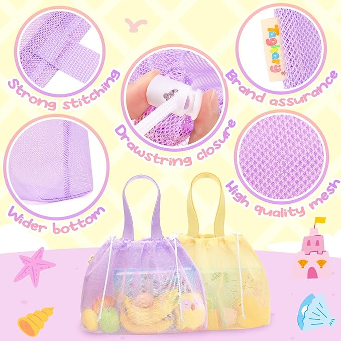 Tagitary Beach Toys Kids Beach Bag Tote with Drawstring,Yellow Purple Mesh Bag Travel Beach Essentials for Kids Swim Pool Gym Bag Camping Accessories Toys Storage Lightweight Foldable Birthday Gifts