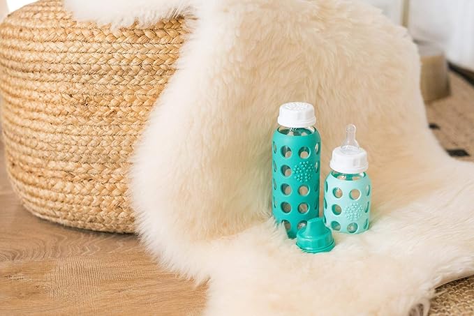 Lifefactory Baby Bottle Starter Set 10-Piece | 4 oz Mint & Lavender, 9 oz Kale & Grape | Includes Flat Caps, Sippy Caps, Stage 2 Nipples