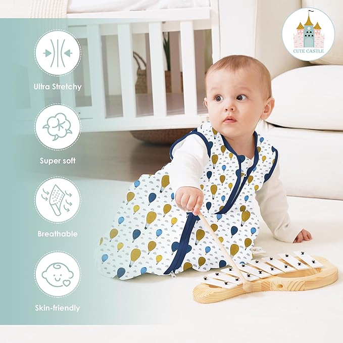 Cute Castle Baby Sleep Sack 6-12 Months - Lightweight 100% Cotton 2-Way Zipper TOG 0.5 Infant Wearable Blanket, Newborn Essentials Toddler Sleep Clothes, 3 Pack(Blue, Balloons, Animals)