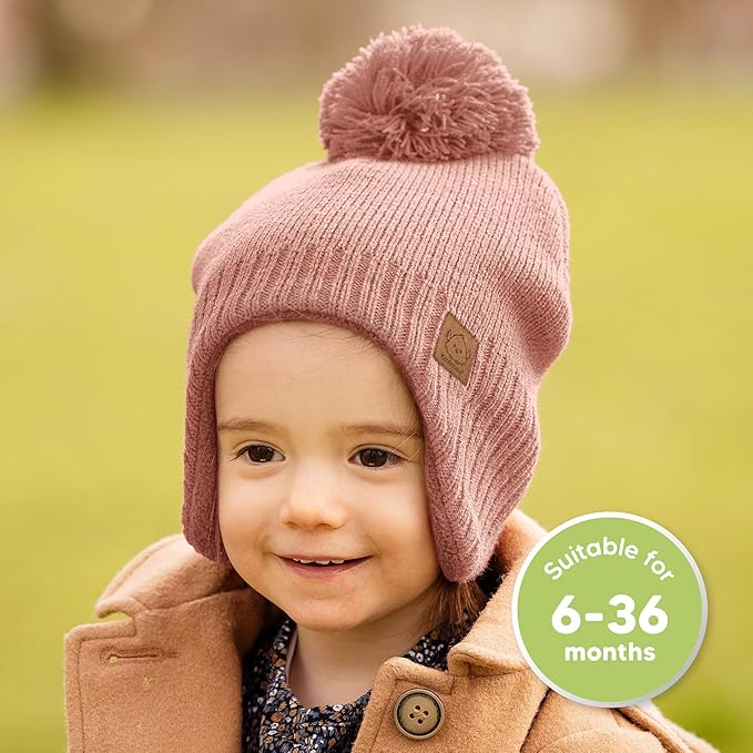 Baby Beanies, Baby Hats for Boys, Girls - Cute Toddler Winter Hat, Soft & Stretchy Beanies for Infant, Newborn 6-36 Months, Cozy & Warm with Earflap Muff & Pom (Tea Rose)