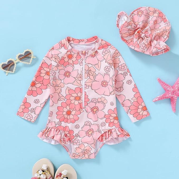 Infant Baby Girl Swimsuit One-Piece Long Sleeve Rash Guard with Hat Set Floral Zipper Bathing Suit Leopard Beach Wear
