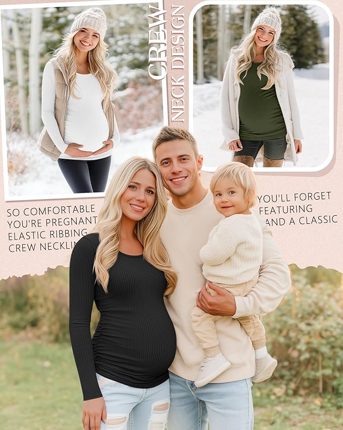 Riyiper 4 Pack Women's Maternity Shirts, Long Sleeve Cotton Ribbed Pregnancy Tee Top Crewneck Side Ruched Casual Mama Clothes