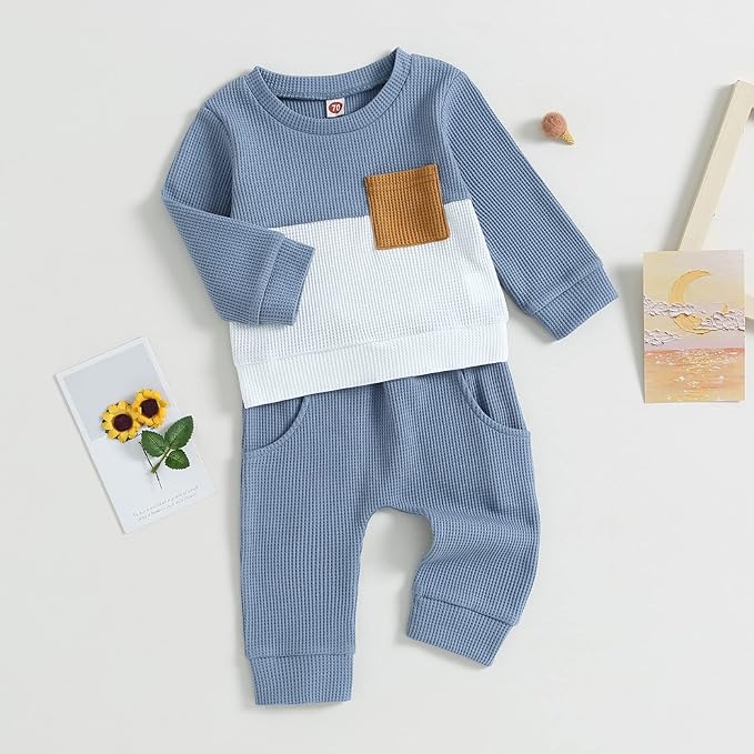 Toddler Baby Boy Fall Clothes Waffle Contrast Color Sweatshirt Pants Sets Infant Winter Outfits 6 12 18 24 Months