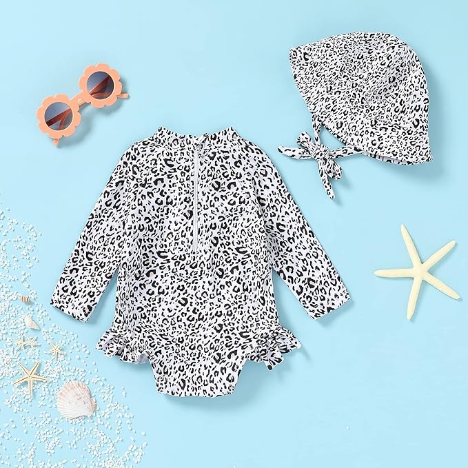 Infant Baby Girl Swimsuit One-Piece Long Sleeve Rash Guard with Hat Set Floral Zipper Bathing Suit Leopard Beach Wear